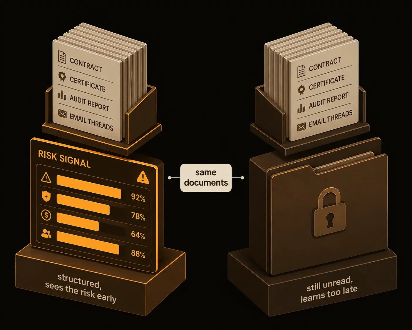 Two firms hold the same documents: one turned them into traceable signal and sees risk early, the other reads it too late.