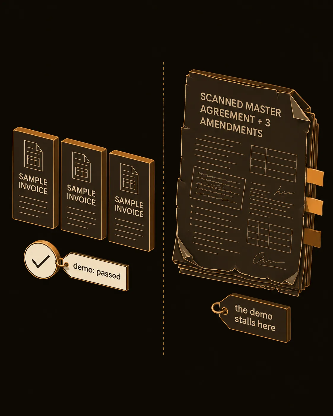 A demo that handled ten clean contracts stalls on a scanned master agreement with amendments - the gap is data readiness.
